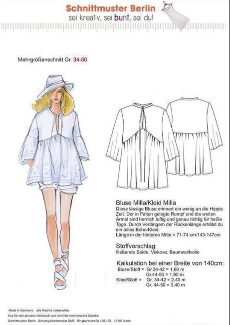 Bluse oder Kleid Milla Papierschnittmuster Schnittmuster Berlin